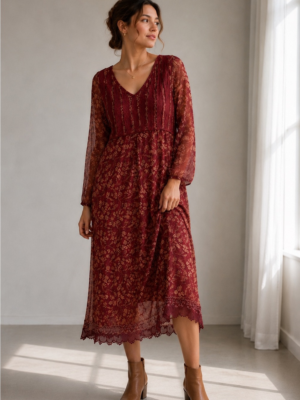 Karavan Midi Dress Chiffon Floral V-Neck Size L Cottagecore Burgundy Long Sleeve